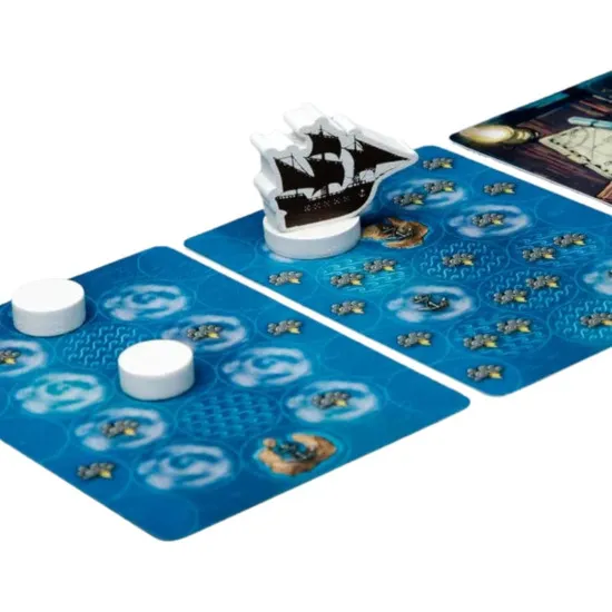 The box art of Adamastor board game showing a historical Portuguese caravel navigating through massive stormy waves under a dark brooding sky
