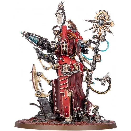 A detailed miniature of a high-ranking Mechanicus commander with cybernetic limbs, holding a large sonic weapon and an ornate rod on a large round base