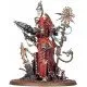 A detailed miniature of a high-ranking Mechanicus commander with cybernetic limbs, holding a large sonic weapon and an ornate rod on a large round base