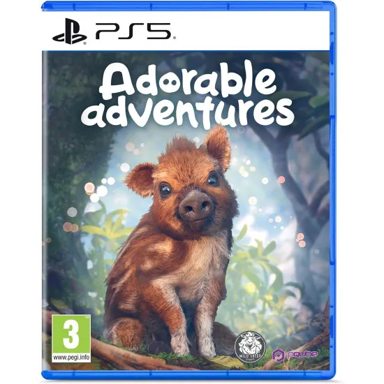 PlayStation 5 game case for Adorable Adventures showing Boris the baby boar sniffing a flower in a sunny forest