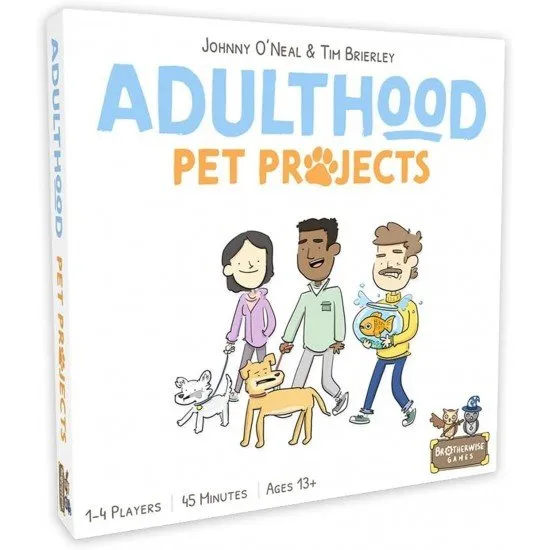A bright and colourful board game expansion box showing various pets and lifestyle icons from the Adulthood game series