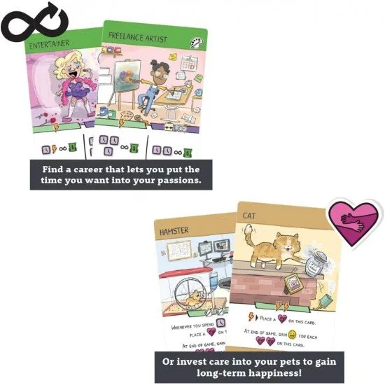 A bright and colourful board game expansion box showing various pets and lifestyle icons from the Adulthood game series