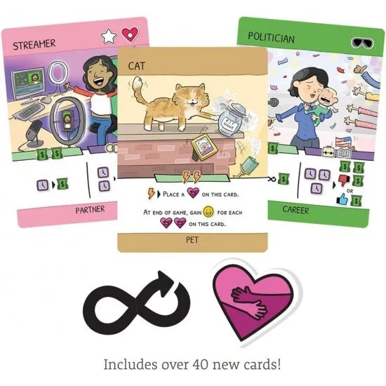 A bright and colourful board game expansion box showing various pets and lifestyle icons from the Adulthood game series