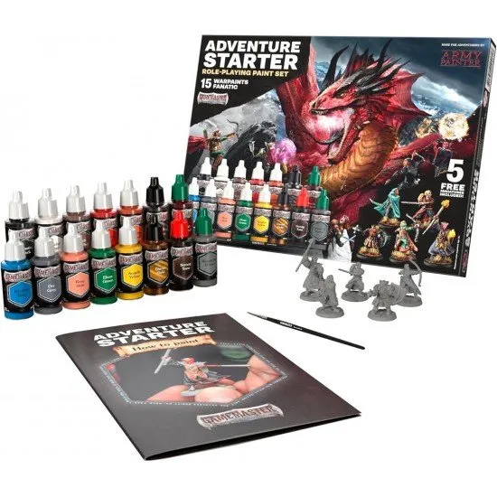 GameMaster RPG Paint Set GameMaster Adventure Starter paint set box with miniatures, paints, a brush, and a guide.