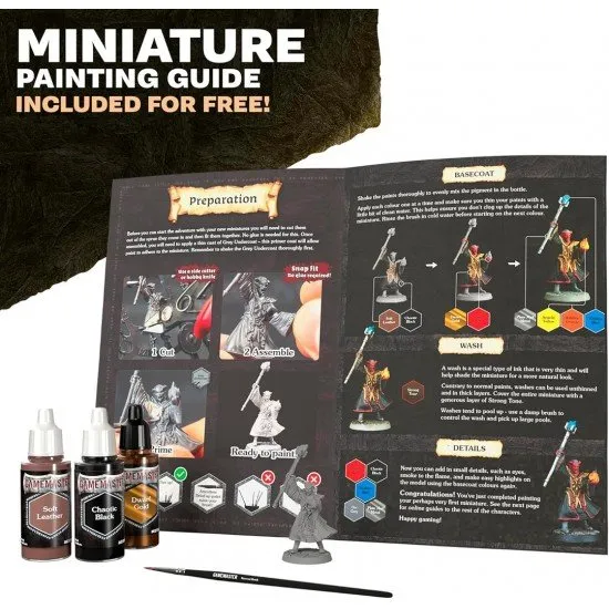GameMaster RPG Paint Set GameMaster Adventure Starter paint set box with miniatures, paints, a brush, and a guide.