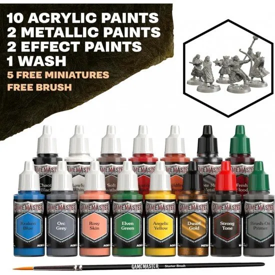 GameMaster RPG Paint Set GameMaster Adventure Starter paint set box with miniatures, paints, a brush, and a guide.