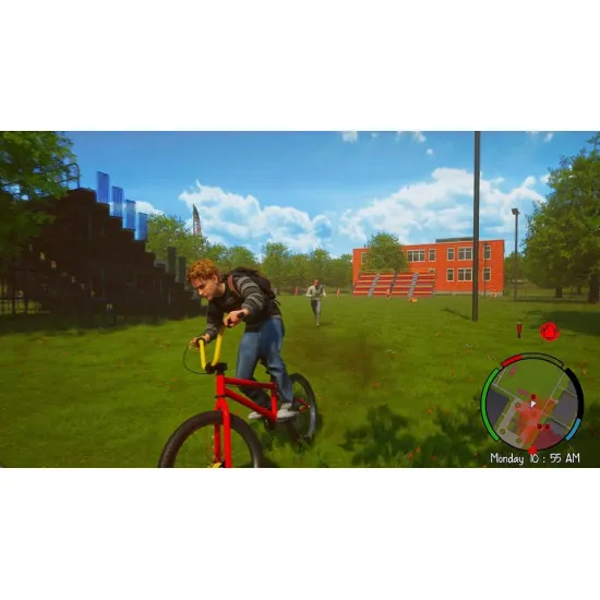 A PlayStation 5 game case depicting three teenage boys standing on a school campus with guitar cases and skateboards under a bright early 2000s afternoon sun