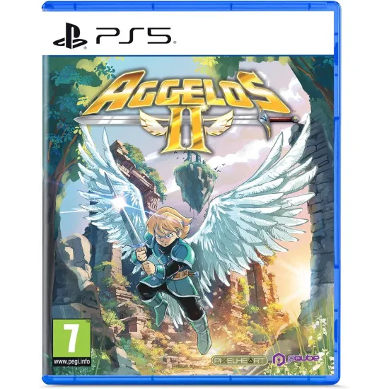 A PlayStation 5 game case showcasing a glowing celestial warrior clashing swords with a towering shadow beast amidst crumbling marble pillars and hellish volcanic ash