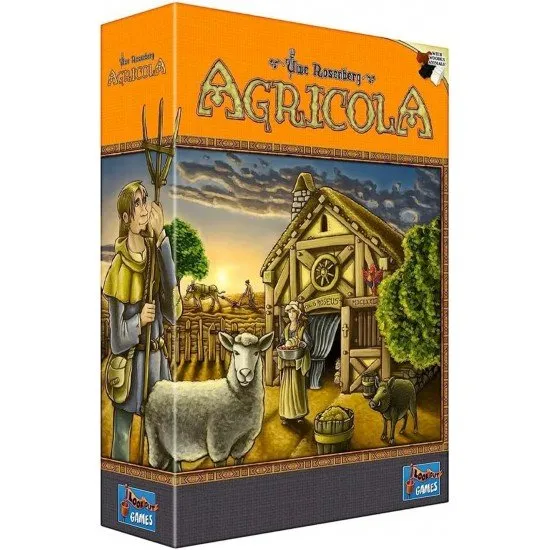 Agricola board game box art showing a rural farming scene with wooden playing pieces