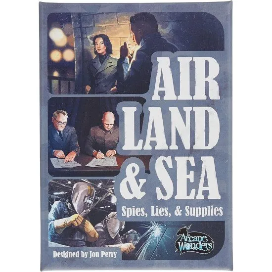 Two players engaged in a card game with three central theatre tiles representing Air, Land, and Sea combat zones