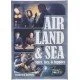 Two players engaged in a card game with three central theatre tiles representing Air, Land, and Sea combat zones