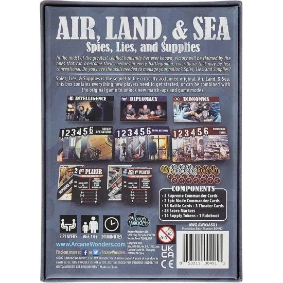 Two players engaged in a card game with three central theatre tiles representing Air, Land, and Sea combat zones