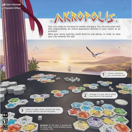 The box art for the Akropolis board game, showing a stylized ancient Greek city with stacked, multi-level tiles representing different city districts.