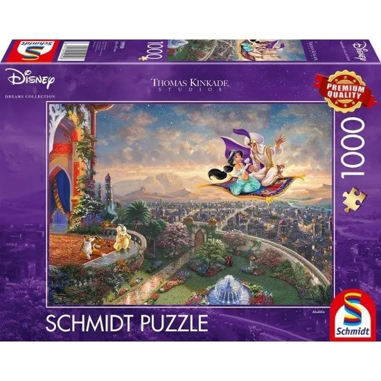 The box art for the Disney Aladdin 1000-piece puzzle by Thomas Kinkade, showing Aladdin and Jasmine on the magic carpet over Agrabah at sunset in the "Painter of Light" style.