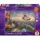 The box art for the Disney Aladdin 1000-piece puzzle by Thomas Kinkade, showing Aladdin and Jasmine on the magic carpet over Agrabah at sunset in the "Painter of Light" style.