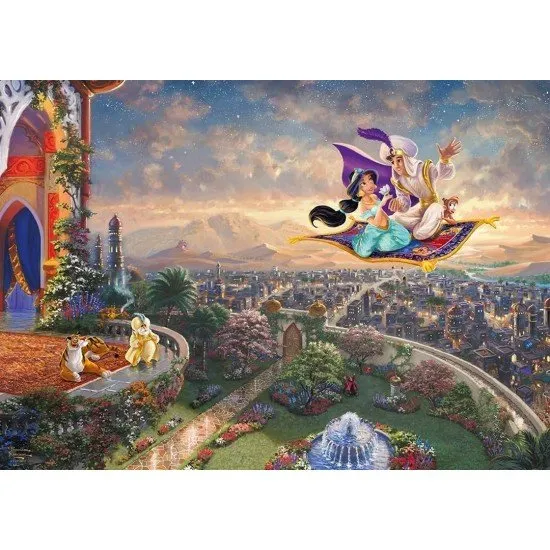 The box art for the Disney Aladdin 1000-piece puzzle by Thomas Kinkade, showing Aladdin and Jasmine on the magic carpet over Agrabah at sunset in the "Painter of Light" style.