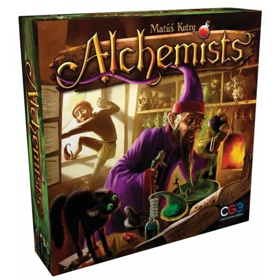 A detailed board game setup featuring bubbling cauldrons, ingredient cards like mandrake root, and player screens