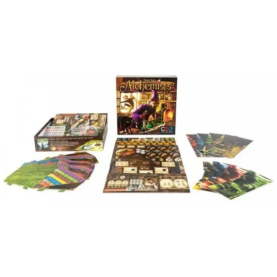 A detailed board game setup featuring bubbling cauldrons, ingredient cards like mandrake root, and player screens