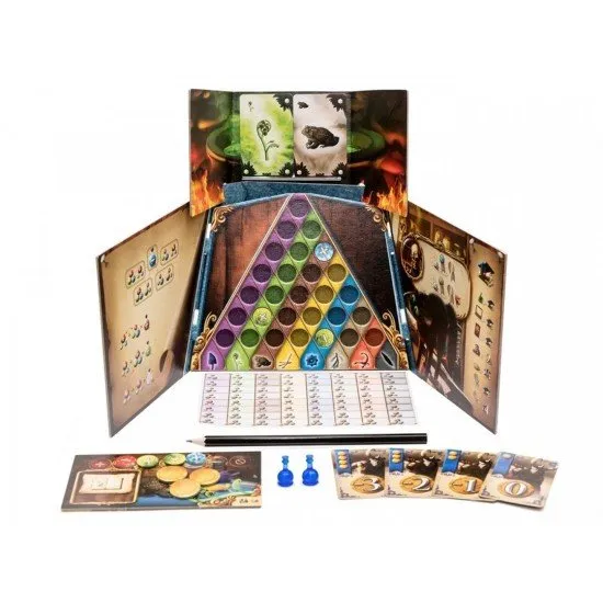 A detailed board game setup featuring bubbling cauldrons, ingredient cards like mandrake root, and player screens
