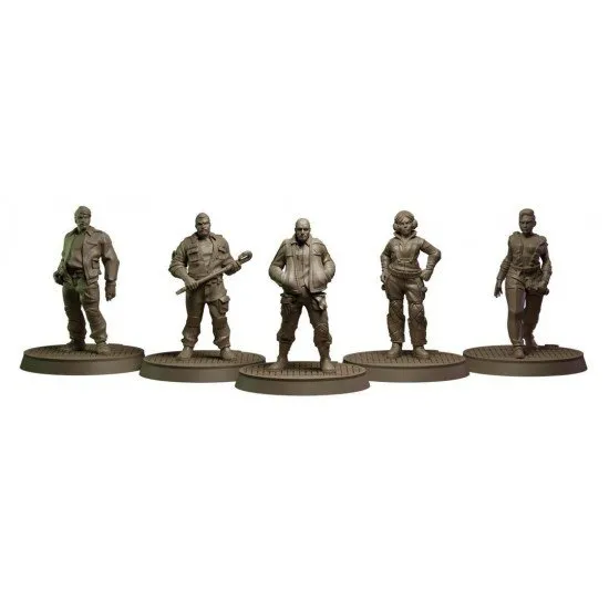 A collection of detailed grey plastic miniatures including colonial marines and scientists in 28mm scale