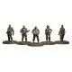 A collection of detailed grey plastic miniatures including colonial marines and scientists in 28mm scale
