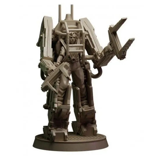 A collection of detailed grey plastic miniatures including colonial marines and scientists in 28mm scale