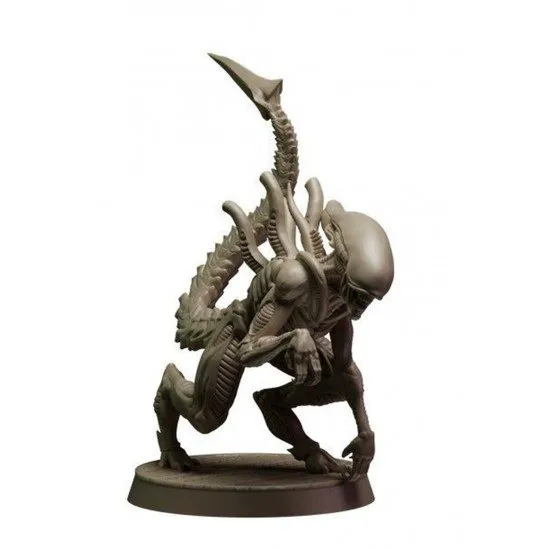 A collection of detailed grey plastic miniatures including colonial marines and scientists in 28mm scale