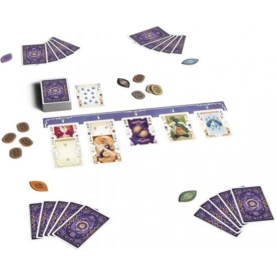 A fan of playing cards with mystical symbols and a central pot filled with colourful prediction tokens