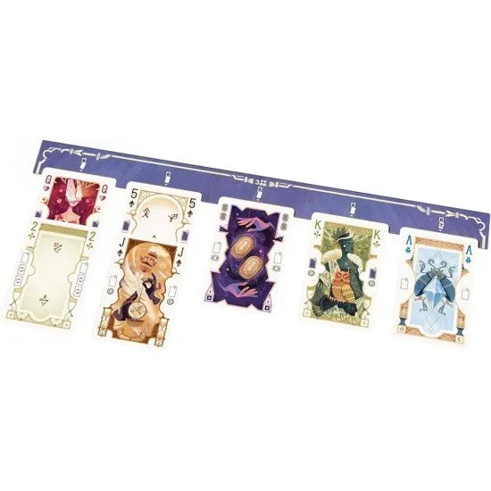 A fan of playing cards with mystical symbols and a central pot filled with colourful prediction tokens