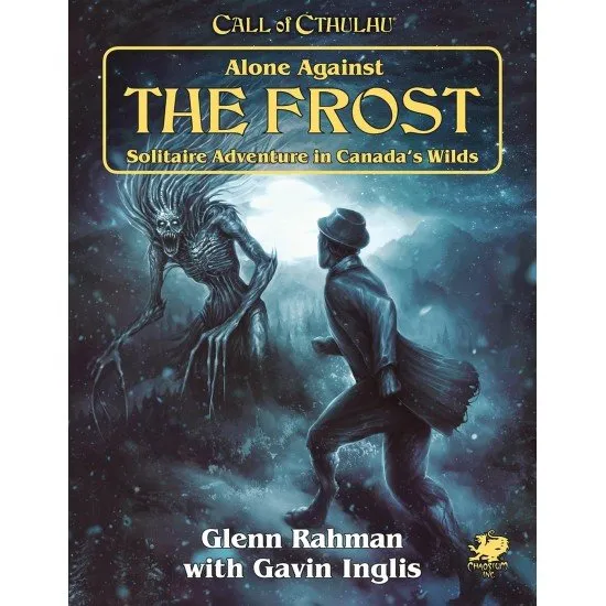 A softcover Call of Cthulhu roleplaying game book cover depicting a frozen, snow-covered forest landscape under a dark, eerie sky