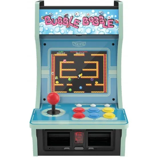 The Evercade Alpha Taito Bartop Arcade Unit, showing the front of the pre-built cabinet with a retro game on the screen, a joystick, and buttons, with a light-up marquee on top.