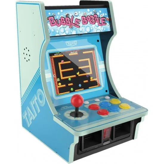 The Evercade Alpha Taito Bartop Arcade Unit, showing the front of the pre-built cabinet with a retro game on the screen, a joystick, and buttons, with a light-up marquee on top.