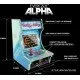 The Evercade Alpha Taito Bartop Arcade Unit, showing the front of the pre-built cabinet with a retro game on the screen, a joystick, and buttons, with a light-up marquee on top.