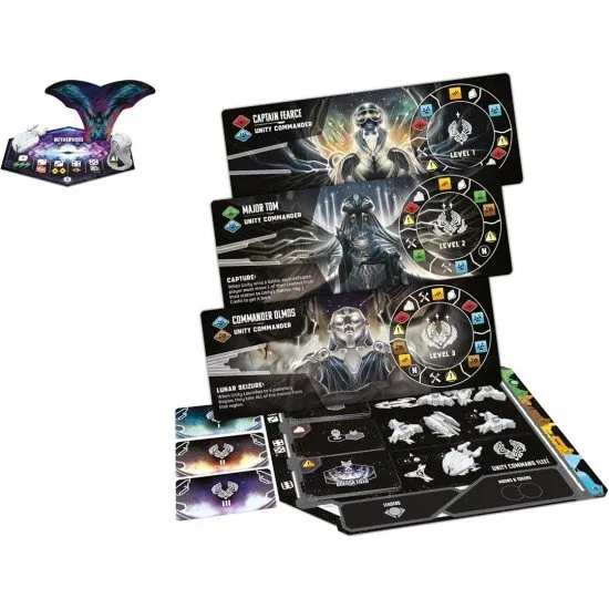 A sci-fi board game expansion box depicting a massive space dragon and various futuristic faction leaders
