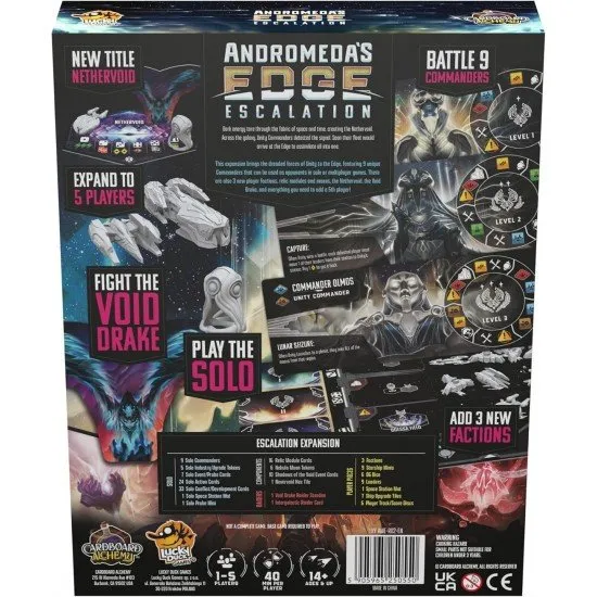 A sci-fi board game expansion box depicting a massive space dragon and various futuristic faction leaders