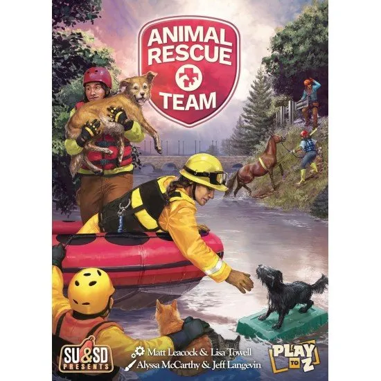 A colourful board game layout featuring a map board, custom wooden vehicle tokens, animal cards, and dice arranged for a cooperative rescue mission