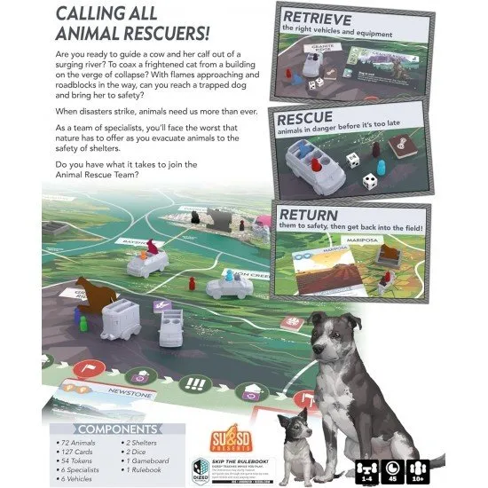 A colourful board game layout featuring a map board, custom wooden vehicle tokens, animal cards, and dice arranged for a cooperative rescue mission