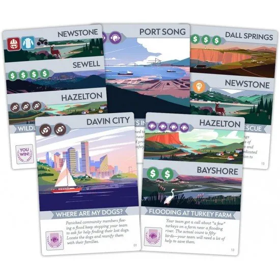 A colourful board game layout featuring a map board, custom wooden vehicle tokens, animal cards, and dice arranged for a cooperative rescue mission