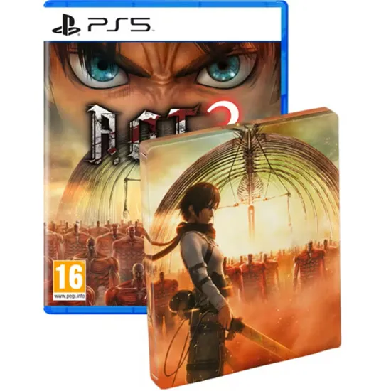 PlayStation 5 game case and Launch Edition collectibles for A.O.T. 3 showing the SteelBook and ICONART print