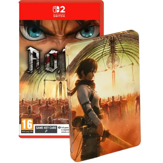 Nintendo Switch 2 game case and Launch Edition collectibles for A.O.T. 3 displaying the SteelBook case and ICONART print
