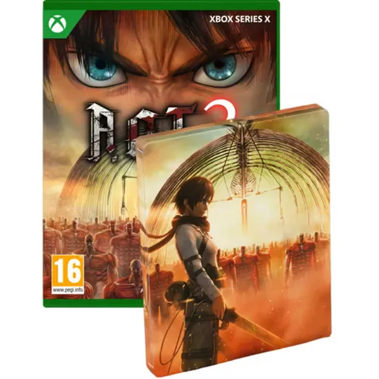 Xbox Series X game case and Launch Edition collectibles for A.O.T. 3 showing the SteelBook and reversible print