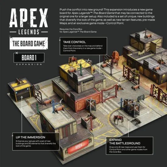 Apex Legends The Board Game Board 1 Expansion Glass Cannon Unplugged Apex Legends The Board Game Board 1 Expansion box art showing the new modular game board layout with unique buildings and terrain features