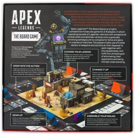 Apex Legends The Board Game Glass Cannon Unplugged Miniatures Apex Legends The Board Game box art showing highly detailed miniatures of various Legends in a tactical battle scene