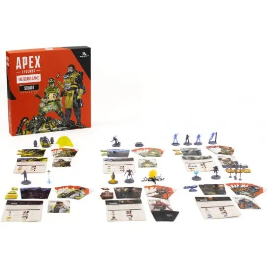 Apex Legends The Board Game Squad 1 Expansion box art showing the miniatures for the six new legends (Caustic, Crypto, Mirage, Octane, Revenant, Wattson) and their abilities