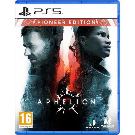 Two astronauts in high-tech suits standing on a jagged, frozen alien landscape under a dim, distant sun