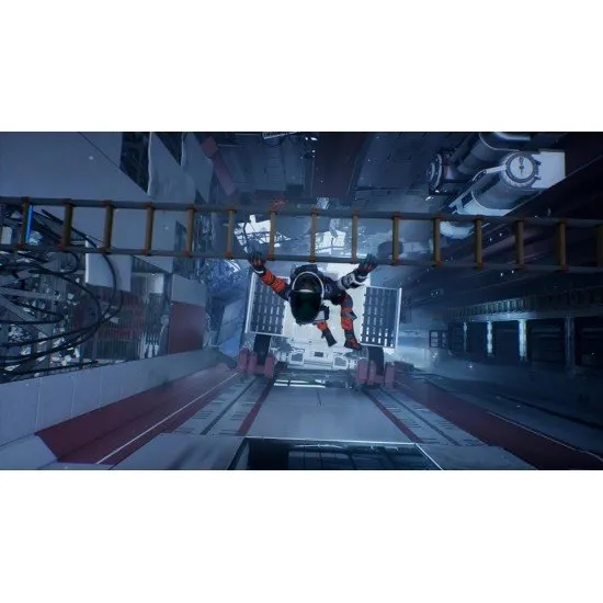 Two astronauts in high-tech suits standing on a jagged, frozen alien landscape under a dim, distant sun