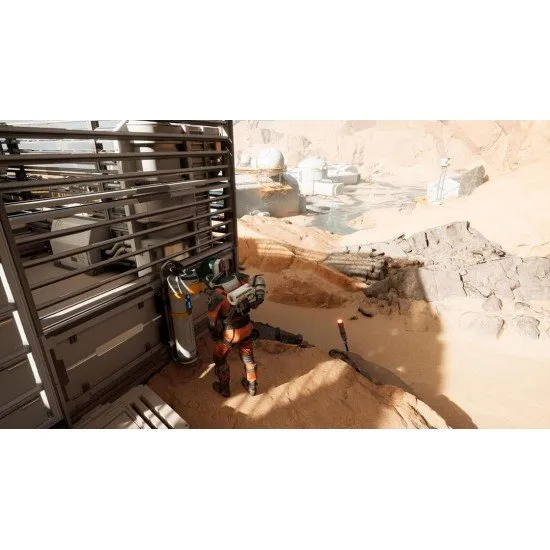 Two astronauts in high-tech suits standing on a jagged, frozen alien landscape under a dim, distant sun