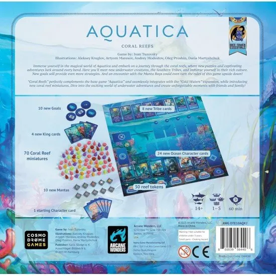 Colourful transparent reef cards and coral reef miniatures alongside new tribe character cards