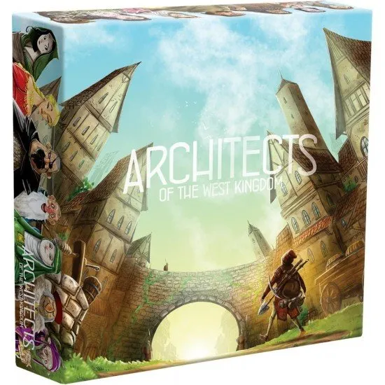 A large, beautifully illustrated board game storage box featuring medieval architectural artwork and gold foil details