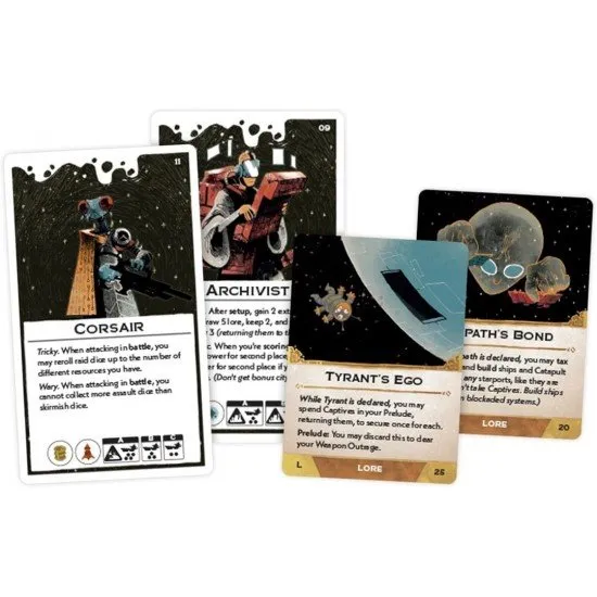 A pack of illustrated cards for the Arcs board game featuring various alien leaders and mysterious galactic relics